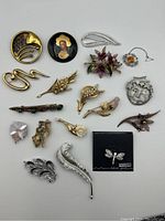 Top-down image showing all 16 brooches arranged on a white surface. Various designs including floral, figural, moon face, and abstract styles visible.