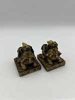 Front view photo showing two heavy metal Chinese Foo dog figurines with red eyes on square bases with embossed symbols.