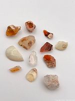 Overview photo showing 12 various natural opal stones including rough fragments and one larger broken cabochon.