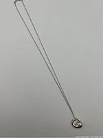 Full view of the sterling silver necklace with pendant on white surface.