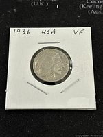 Obverse side of the 1936 Buffalo Nickel coin showing Native American profile with date 1936.