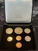 Photo of the complete 7-coin set in black velvet case with white outer case showing Royal Canadian Mint logo and text.