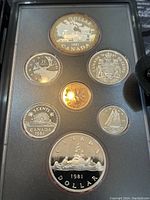 Front display of six 1981 Canadian silver proof coins including double dollar, one dollar, half dollar, quarter, dime and nickel.
