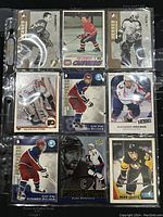 Front side of 9 hockey trading cards featuring NHL players in protective sleeves.