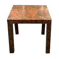 Full front view of the Parsons side table, showing the tortoiseshell patterned formica top and legs.