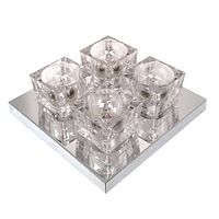 Unlit fixture showing four clear glass cubes on chrome square plate.