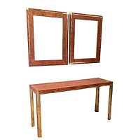 Photo of the full set showing the burlwood and brass console table with the matched pair of mirrors arranged above it against a white background.