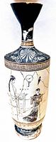 Full view of vintage Greek pottery vase with narrow neck, geometric border and painted scene of two women.