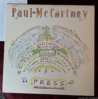 Illustrated cover of Paul McCartney 12-inch single titled "Press" with musical notes and instrument arrangement diagrams.