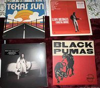 Top-down view of four vinyl album covers: Texas Sun, Coming Home, Billie Eilish When We All Fall Asleep, Where Do We Go?, Black Pumas deluxe edition.