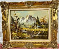 Frontal view of the oil painting in the decorative gilded frame showing the entire artwork and frame details.