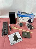 Full lot showing VuPoint converter, multiple slide holders in plastic, cleaning brush, cables, manual, and box