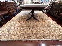 Full view of rug under dining table showing overall pattern and condition