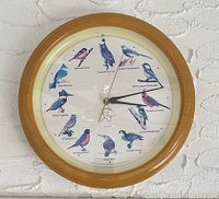 Close-up of the bird clock with bird images and hour hands
