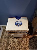 Jersey laid flat with blue collar and logo on front, showing striping details at bottom.