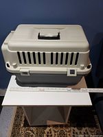 Side view of white plastic pet carrier with ventilation slats and handle on top