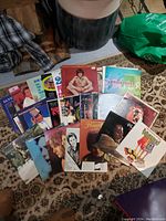 Photo showing 23 vinyl records laid out on a patterned rug with artwork including artist portraits and colorful illustrations.