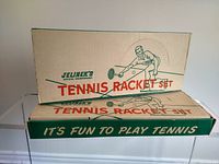 Closed original Jelinek's tennis racket set box with vintage graphics