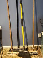 Four brooms standing upright showing different handle materials and bristle types.
