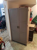 Gray painted built-in cabinet with two paneled doors in a basement environment.