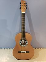 Front view of the junior-sized acoustic guitar, showing the full body, fretboard, and headstock against a blue background.