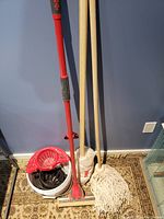 Wide view of mop bucket and mops leaning against wall on patterned carpet.
