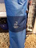 Blue carrying bag with Hidden Wild logo, drawstring and zipper, standing upright on patterned carpet indoors.