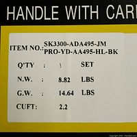 Box label with item number SK3300-ADA495-JM and PRO-YD-AA495-HL-BK, weight details indicating a set weighing approximately 14.64 lbs gross.