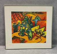 Framed acrylic painting on board showing the entire artwork and frame, depicting workers in an industrial scene with bright color palette.
