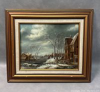 Front view of framed painting showing winter ice skating scene, weathered frame visible