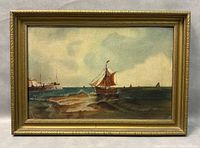 Full view of framed oil painting showing sailing ship on sea with other ships and light cloudy sky.