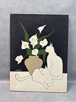 Front view of the vintage MARUSHKA print on stretched canvas showing cats and calla lilies.