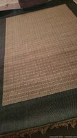 Black and tan woven indoor/outdoor rug with fringe on edge, showing tan center and black border.