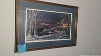 Photo of the full framed artwork showing a winter scene with a horse-drawn sleigh and snowy landscape.