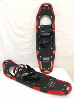 Pair of black and red Faber snowshoes lying flat and upright to show shape and bindings.