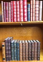 Two shelves filled with vintage French hardcover books with leather and cloth bindings in red, brown, and blue, showing gold embossed titles.
