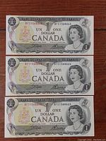 Three Canadian one dollar bills stacked showing front sides with consecutive serial numbers BFG1568665, BFG1568664, and BFG1568663.