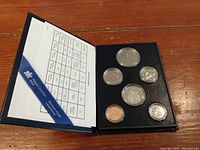 Official Canadian uncirculated coin set from 1984 including six coins and informational booklet in black presentation case.