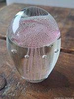 Front view of the glass egg-shaped paperweight showing the embedded pink jellyfish and bubbles inside the clear glass.