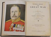 Open book showing color portrait of a military figure and title page of 'Pictorial History of the Great War' by S.J. Duncan-Clark, including details about the authors and publishing company.