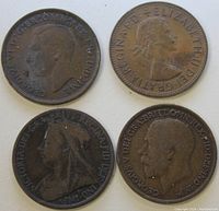 Four old English pennies placed on a white surface, showing the obverse side with monarchs' portraits from 1901, 1915, 1938, and 1966.