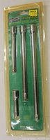 Four 3/8" drive extension bars set in original plastic blister pack with green backing card, showing front side of packaging and extensions.