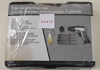 Front of shrink wrapped case showing 5 piece air hammer set with specifications.