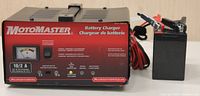 Front view of the MotoMaster battery charger with ammeter and switch visible, charger clamps and cables besides it.