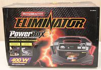 Box front showing MotoMaster Eliminator branding, product image, and key features including 400W inverter and 600 cranking amps.