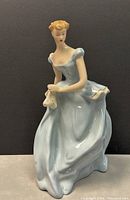 Front and right side view of the Royal Dux porcelain figurine showing the woman in blue dress standing with a handkerchief in hand.
