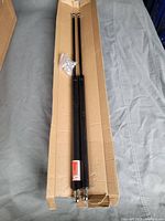 Photo showing two long black gas struts placed side by side in a cardboard box with a small sealed plastic bag containing mounting screws and hardware.
