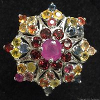 Close-up front view of sterling silver ring with ruby center stone, garnet halo, blue sapphire accents and other multi-colored gemstones.