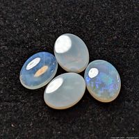 Four polished opal gemstones on black background showing various colors and reflections