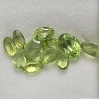 Multiple loose peridot gemstones arranged on white surface showing clarity, cut, and color.